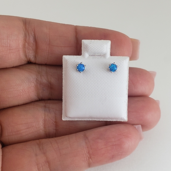 Jewelry - 925 Sterling Silver Round Blue Opal Stud Earrings